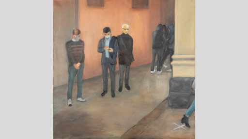 Amanda Lazar, ‘Covid testing queue, Prahran’, 2020, oil on canvas, 77 x 78cm, image courtesy of the artist. Sale price: $650.