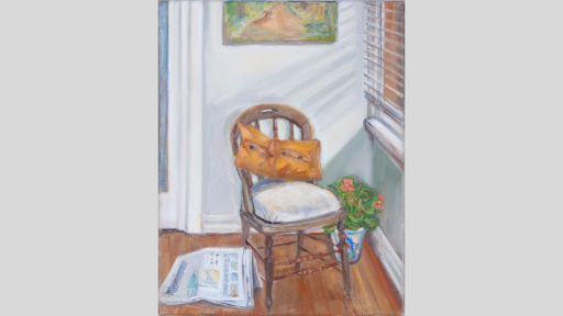Amanda Lazar, ‘Chair with newspaper’, 2020, oil on canvas, 35 x 25cm, image courtesy of the artist. Sale price: $600.
