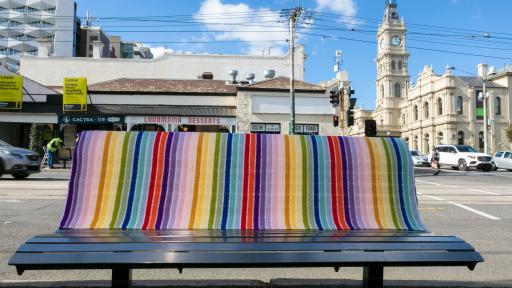 A chair that's been yarn bombed on Glenferrie Road