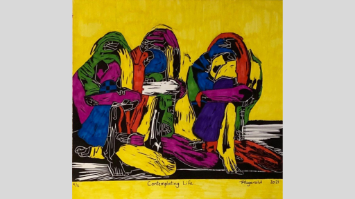 Lino print of three crouched figures huddled together on the ground. The background and their limbs are a warm yellow, while their clothing is multi-coloured.