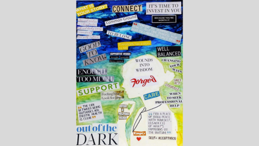 A while silhouette of a figure, holding their hand up under their chin. They are on a gradient background, from bule at the top to yellow at the bottom. Collaged over all this is is text from magazines. Some of this reads "Out of the dark", "what's your story", and "Offer a helping hand".
