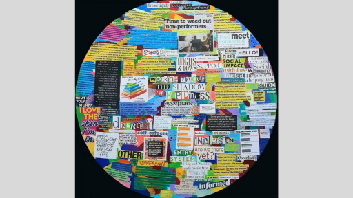 A round timber tabletop collaged with coloured paper, and text from magazines.
