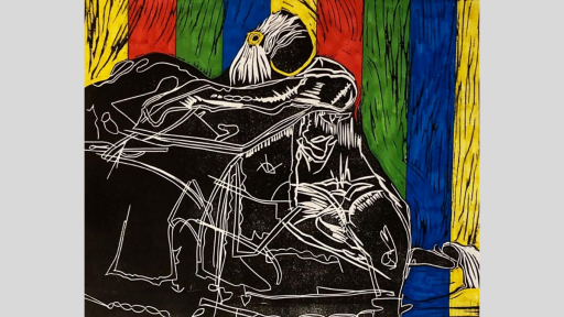 A lino print in black and white of an abstracted seated figure. Behind the figure are striped panels in red, blue, green and yellow.
