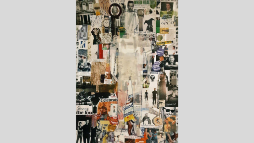 Collage of magazine images of men and text. Overlayed is an opaque silhouette of a figure.