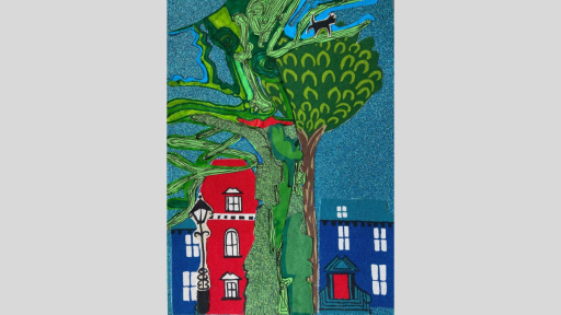 A collaged image of a large green tree, with a blue and red streetscape in the background