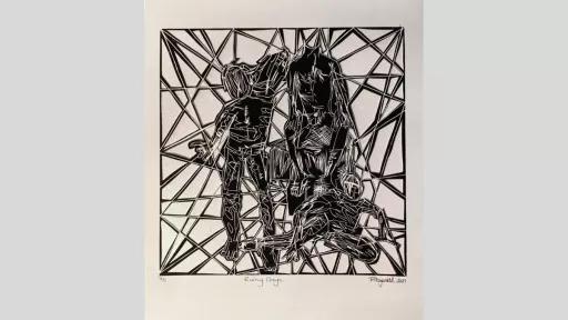 Lino print of three figures slouched against each other.