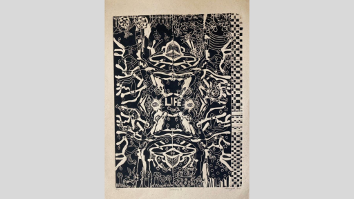 Lino print in black and white of an abstract line image, with plants and animals hidden in the lines. In the centre is the word "life".