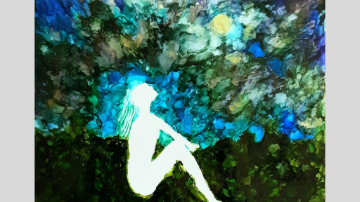 Silhouette of a figure sitting on the ground, looking up. The background is watery dark blues and greens. 