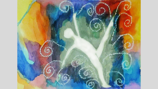 Watercolour rainbow background with a white silhouette of a dancing figure. Spirals of movement are coming off the figure.