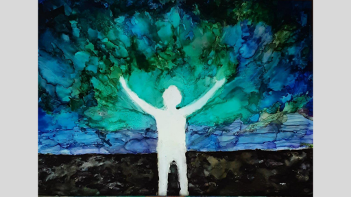 A white silhouette of a figure with their arms outstretched. The background is dark at the bottom, and is a watery blue/green at the top.