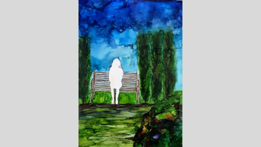 painted image of a white silhouette of a figure sitting on a bench in a garden.