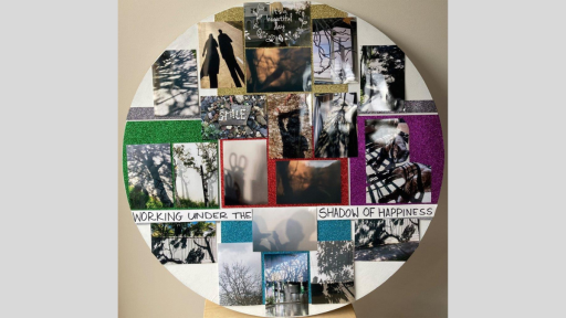 A round artwork made up of collaged photographs of shadows. The text "Working under the shadow of happiness" is written across the lower section of the piece.