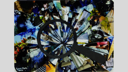 A collage of a shattered magnifying glass, made from photos and card.