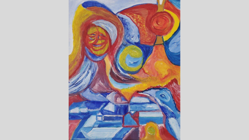 An abstracted painting in reds, yellows, and blues. Geometric shapes, a bird and swirling colour are features of the painting.