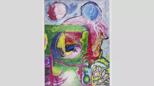 An abstract painting in blues, reds, and greens. Near the centre is a colourful brain, the lower left section made of cogs.