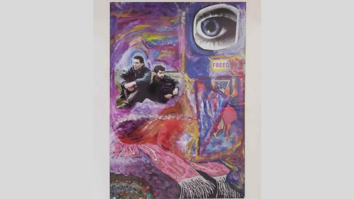 A collage of two men sitting back to back, an eye and the word "freed". Painted elements in pink and purple, including a scarf.