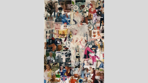 Collage of magazine images of women and text. Overlayed is an opaque silhouette of a figure.