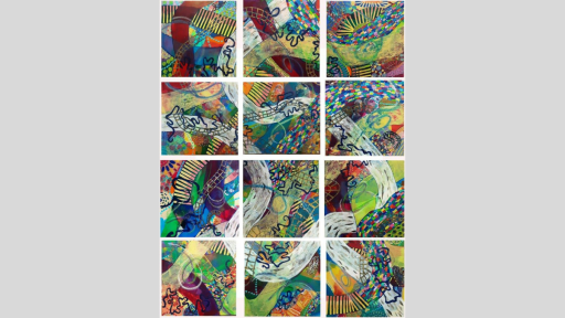 A grid of 12 panels. Brightly coloured sweeping lines and patterns overlap each other and cross over the panels.