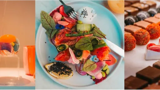 A collage of 3 images including coloured vases, a gourmet meal and some chocolates