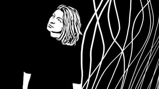 A black and white line image of a woman with shoulder length hair. Half of the background has wavy white lines down the length of the image.