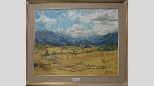 View over fields with mountains in the background.