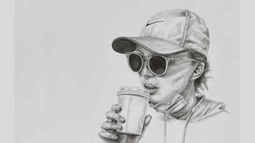 Woman wearing a cap and sunglasses, a mask under her chin, about to take a sip from a takeaway coffee cup.
