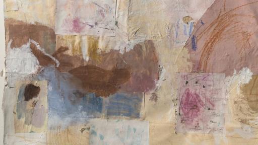 The Detail of canvas painted with natural dyes, and collaged fabric and paper, also dyed.