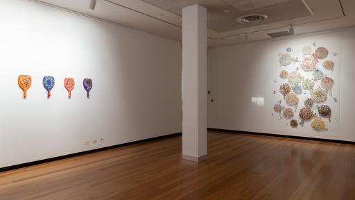 Installation view of Material Reverie at Town Hall Gallery, including different artworks hung on the wall