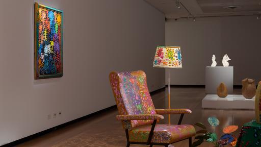 Installation view of Material Reverie at Town Hall Gallery, including a lamp, chair, television and plant made from different materials