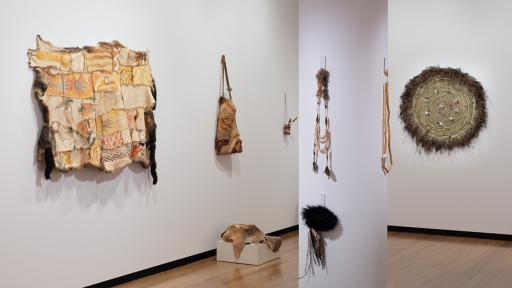 Installation view of Material Reverie at Town Hall Gallery, including material rugs, bags and jewellery hung on the wall
