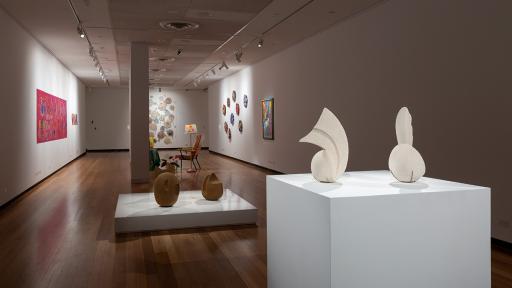 Installation view of Material Reverie at Town Hall Gallery, including sculptures and artworks hung on the wall