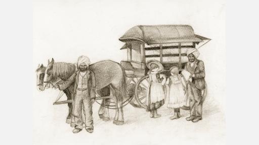 Drawing of a horse and cart being led by an indian man while another Indian man sells wares to two girls