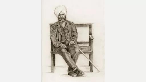 An Indian hawker with a walking stick resting in a chair