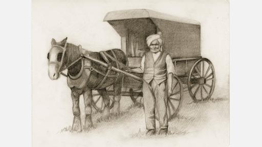 An Indian hawker leading a horse and cart