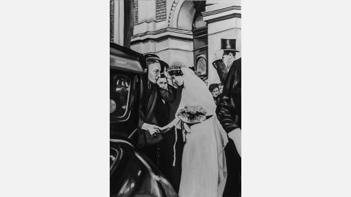 black and white painting of a newly married couple getting into a car