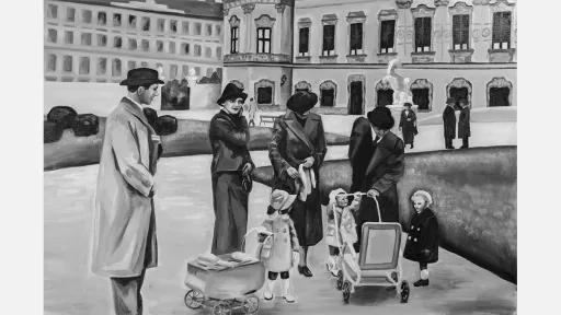 4 adults with 3 small children pushing prams in a city square