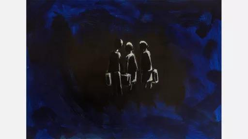 A dark blue and black painting, in the centre are the silhouettes of 3 people carrying suitcases