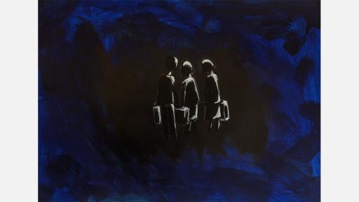 A dark blue and black painting, in the centre are the silhouettes of 3 people carrying suitcases