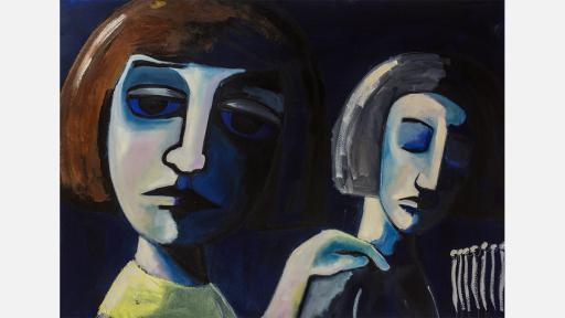 two women looking downcast, the woman on the left has her hand on the shoulder of the other woman