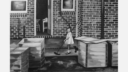 A small girl pushing a broom along a step, moving crates fill the yard in front of her