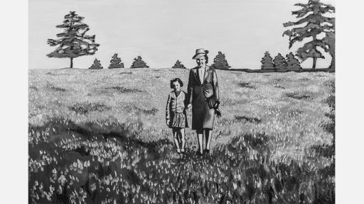 a woman and a young girl holding hands, smiling and standing in an open field with trees off in the distance