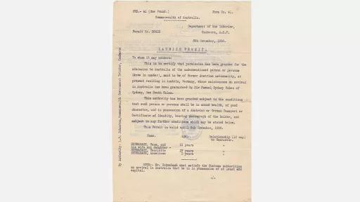 A Commonwealth of australia landing permit, allowing a family to enter Australia