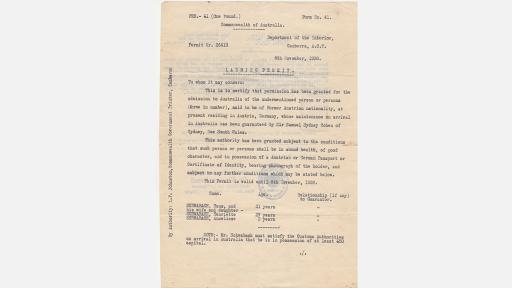 A Commonwealth of australia landing permit, allowing a family to enter Australia