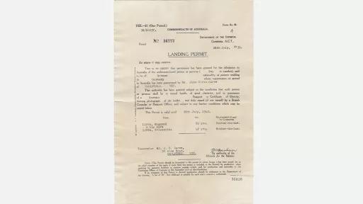 a commonwealth of australia landing permit, granting access to a couple to australia with the guarantee of their son-in-law