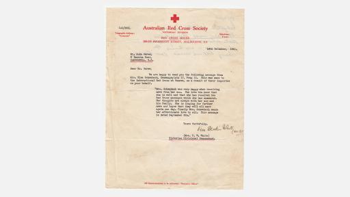 A typed letter from the Australian Red Cross society with a message to John Carew from his mother