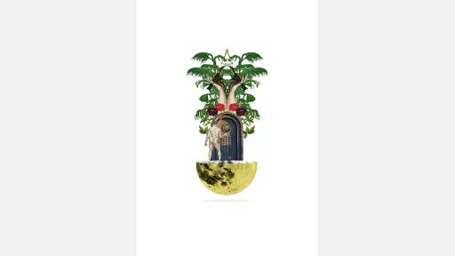 a half moon at the base, a naked male figure is reacking for a door, above the door are plants and a set of hands holding hummingbirds