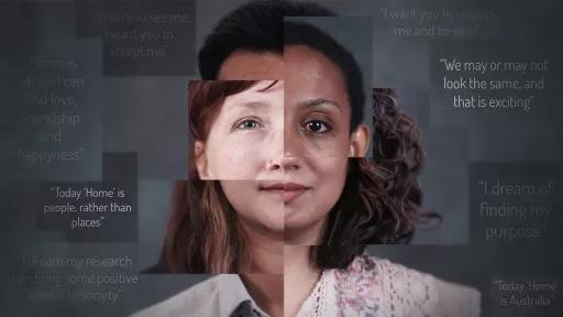 A video still with a collage of women's faces, surrounded by quotes about home and respect