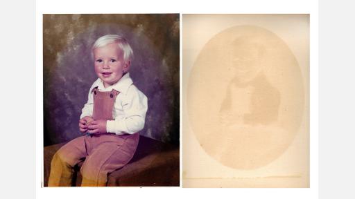 on the left, a young child sitting in a photography studio, on the right a tonally reversed and faint version of the same image of the child