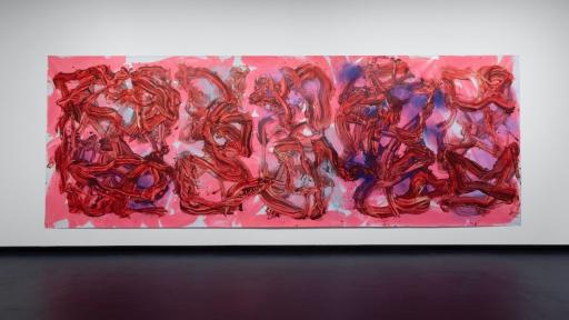 energetic smears of red paint across and pink and blue background