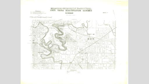 Map showing Kew and Collingwood areas alongside the Yarra River in 1925 with road and unoccupied areas marked